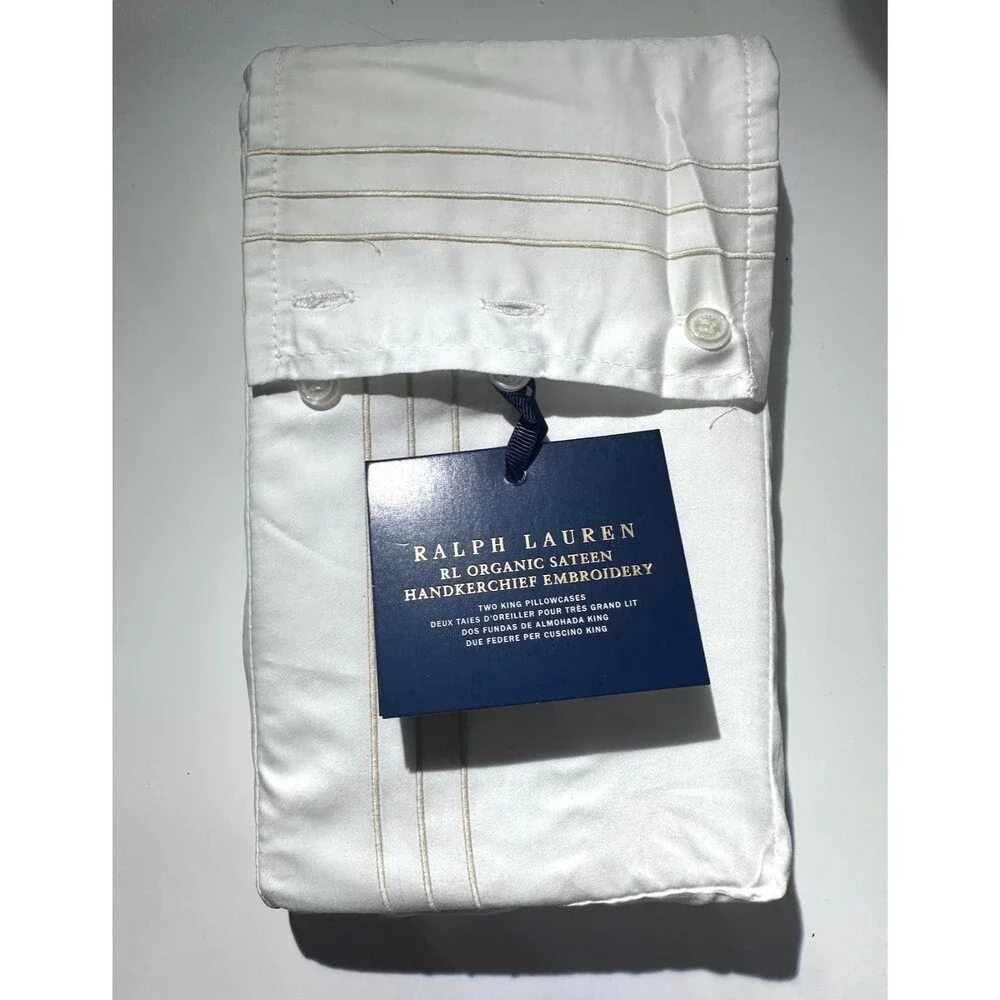 Ralph Lauren Organic Sateen Handkerchief Embroidery King Pillowcases NEW